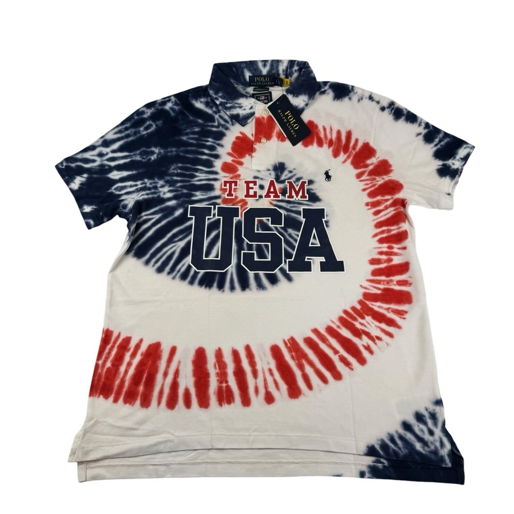 Polo Ralph Lauren Mens Team USA Olympics Tie Dye Polo Shirt Red White Blue L
